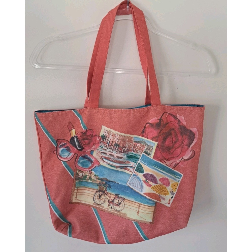 Lancome Summer Tote Bag Lined Pink Postcard Print‎ Vacation Resort Retro 17x15